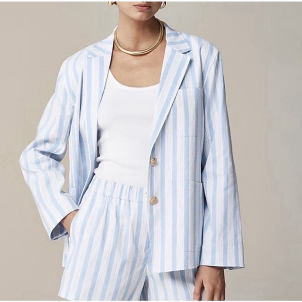 J. Crew Patch Pocket Linen Blend Oversize Striped Blazer XS Nautical Spring Z26